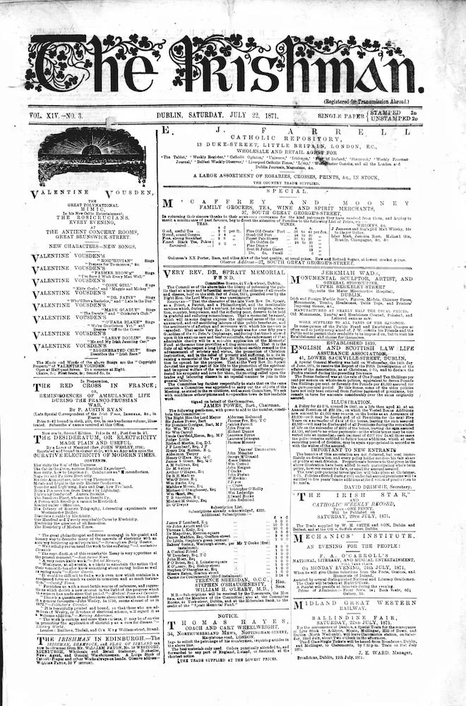 Front page of The Irishman from 22 July 1871